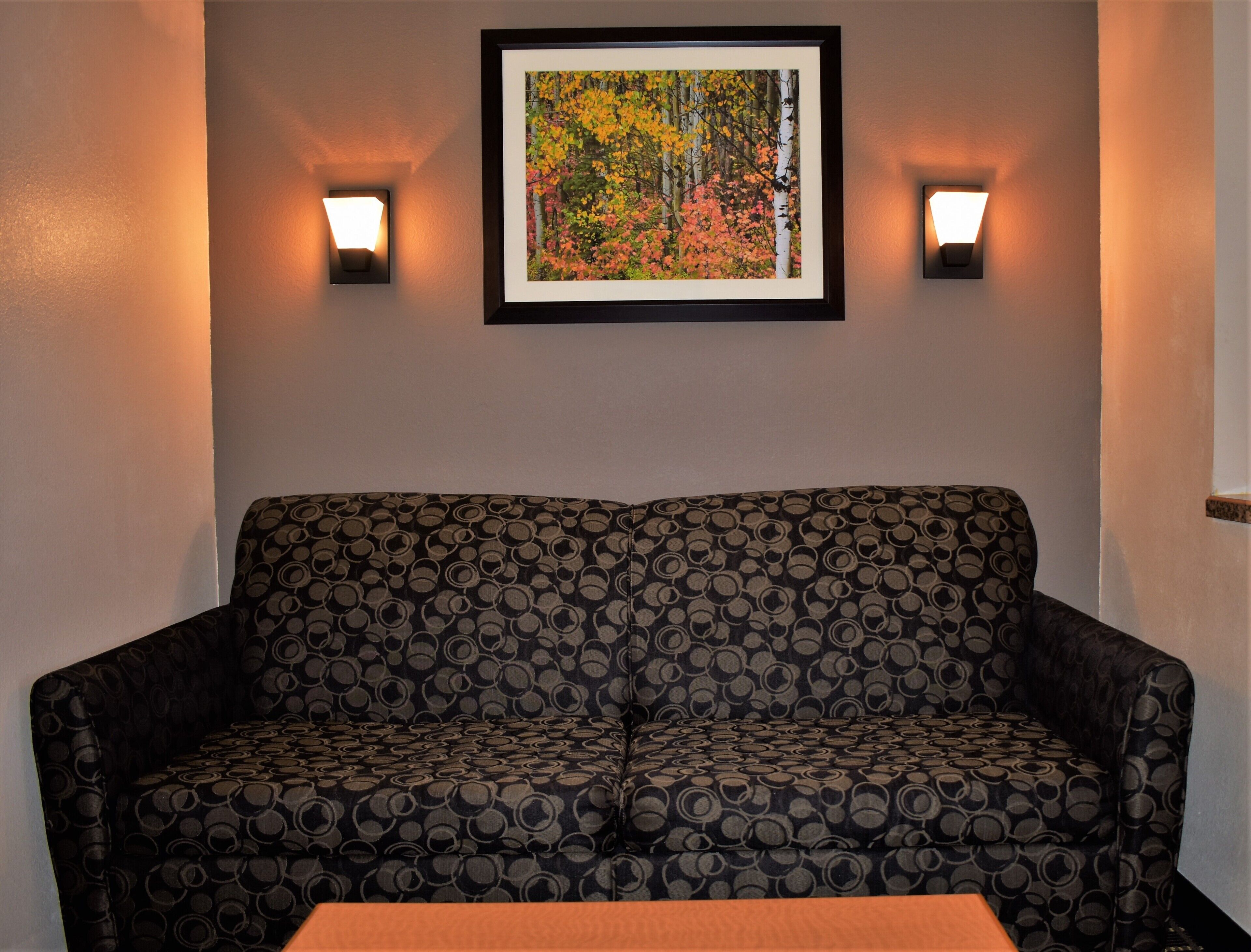 A sofa with a circular pattern, two wall-mounted lights, and a framed picture of autumn foliage.