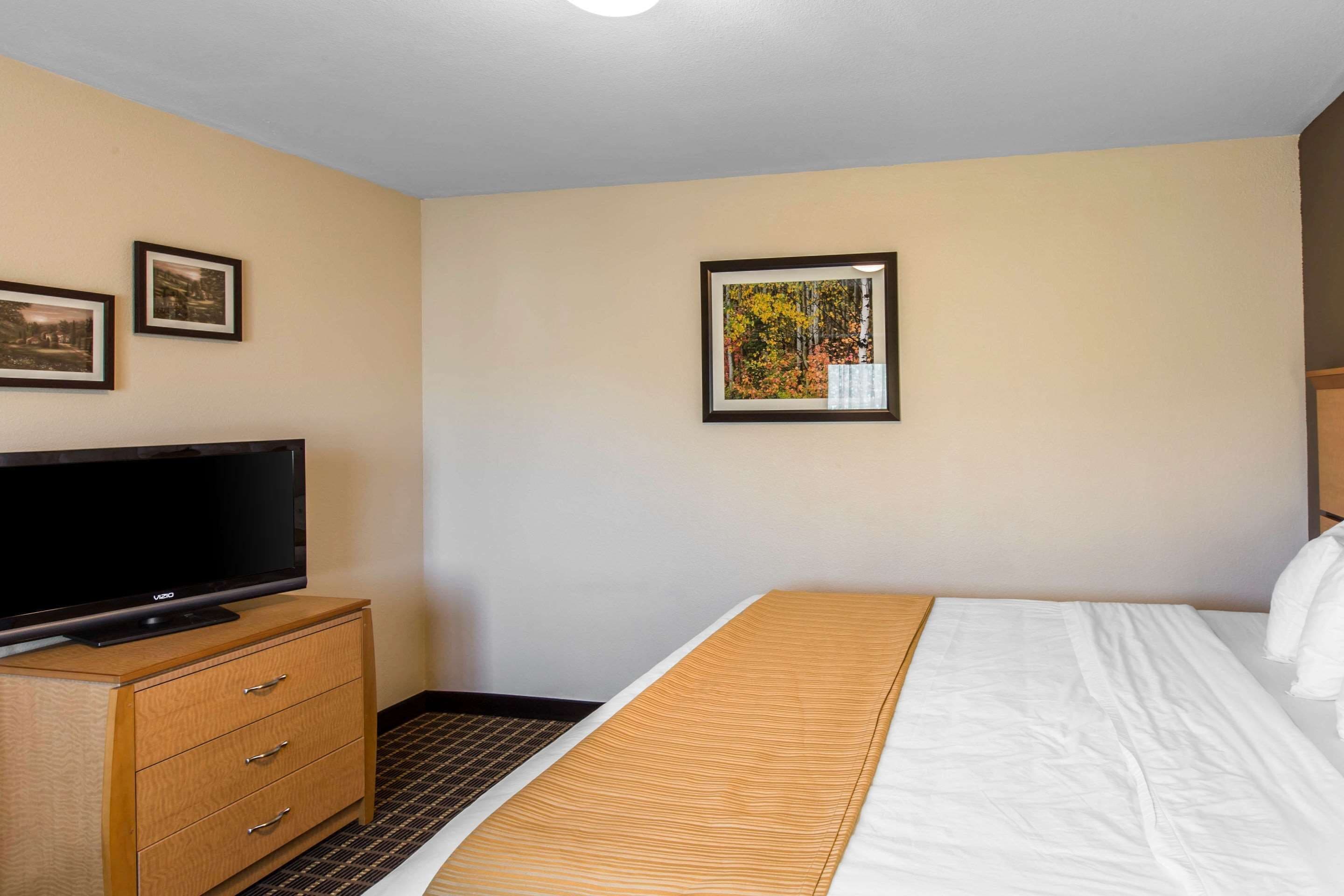 Une chambre d’hôtel avec un lit, un téléviseur posé sur une commode en bois et deux tableaux encadrés accrochés au mur.