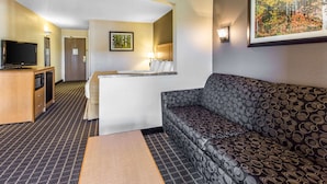 Habitación de hotel con sofá, televisión, una kitchenette pequeña y un cuadro en la pared.