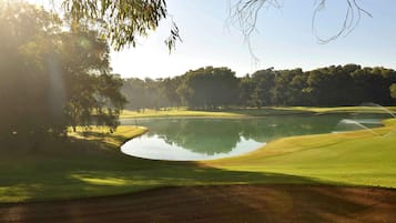 A golf course with a pond, trees, and a clear sky.