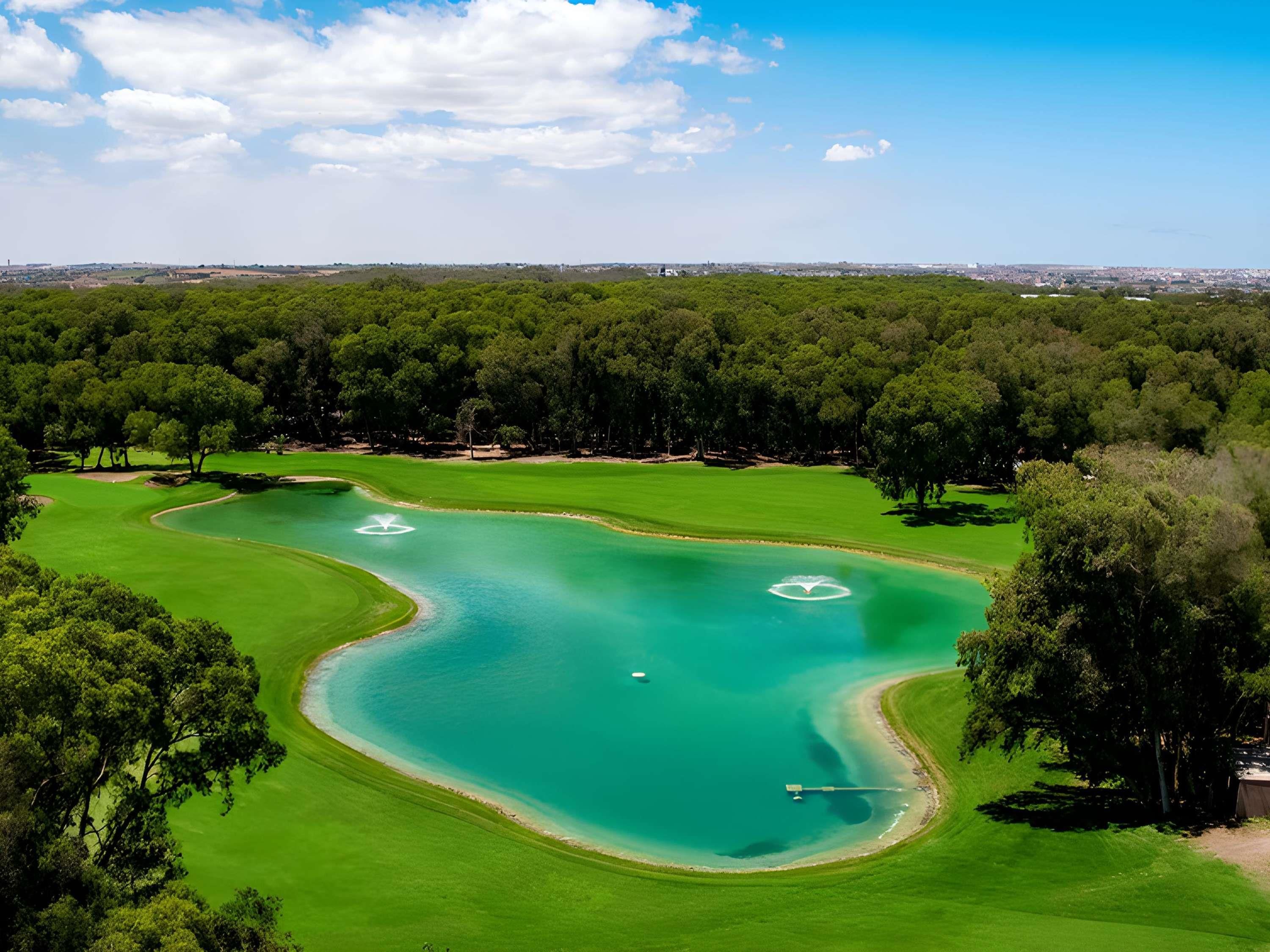 Un campo de golf con dos peligros de agua y un puente.