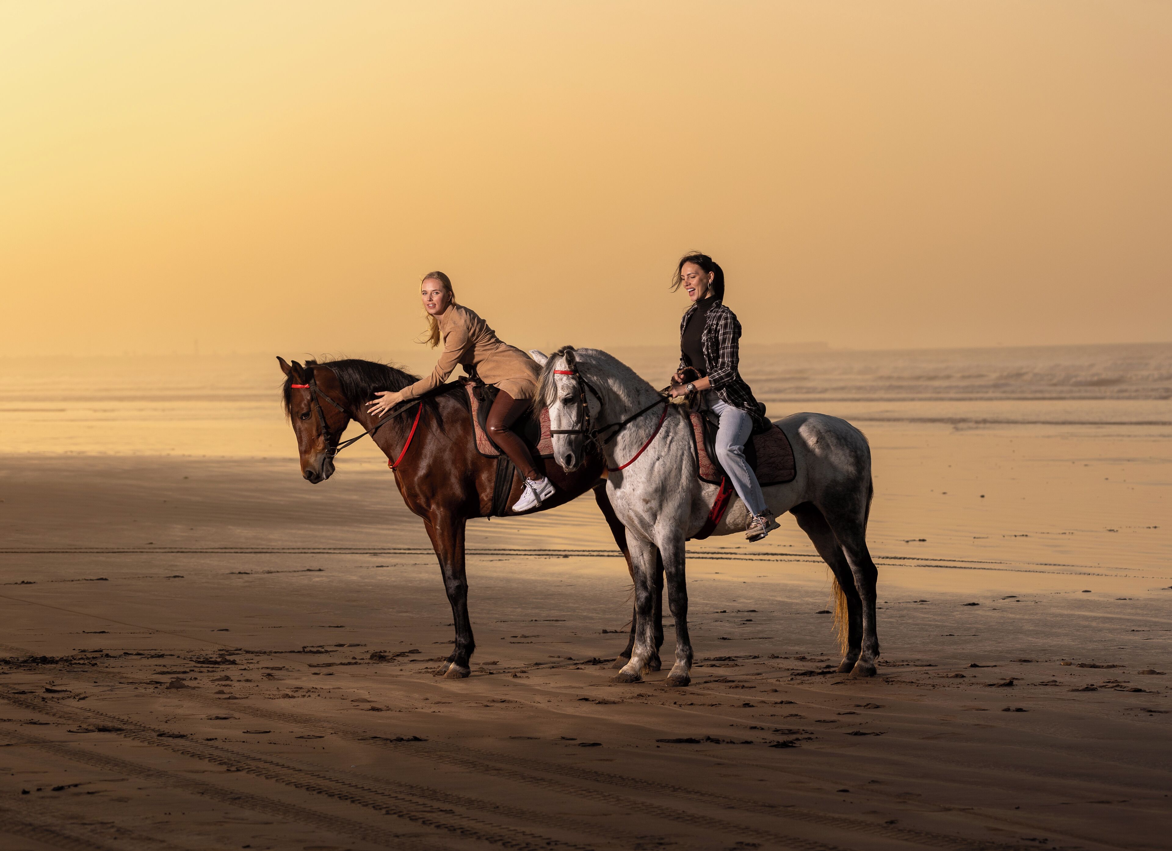 Two people riding horses on a beach at sunset.