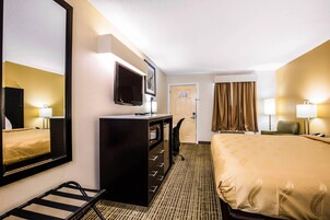 Una habitación de hotel con una cama, un escritorio con televisor de pantalla plana, un espejo, una puerta y una ventana con cortinas.