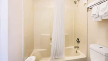A bathroom with a glass-enclosed shower, a white bathtub, and a toilet.