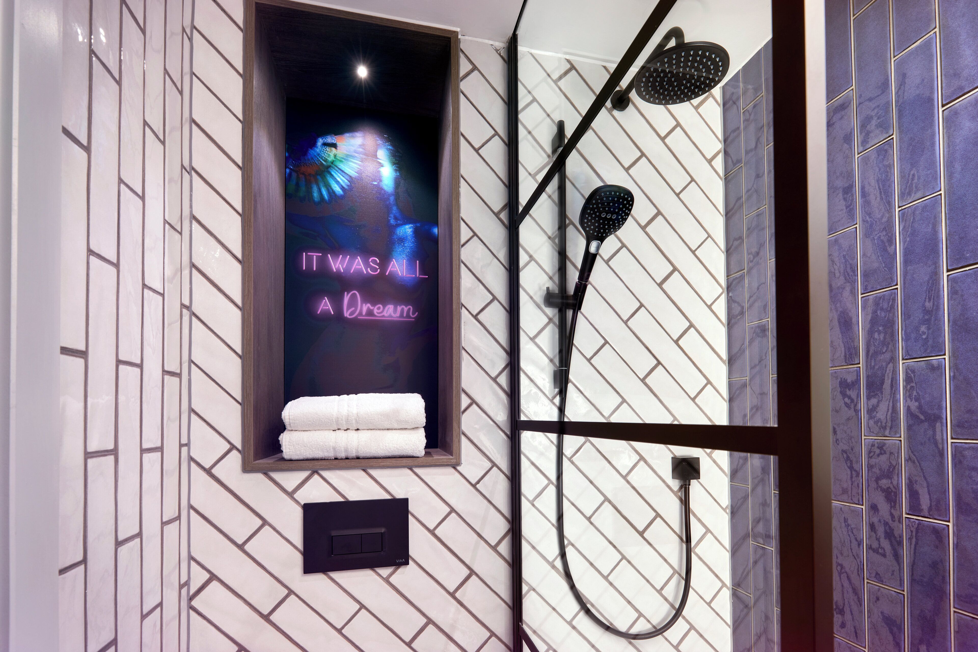 shower, eco-friendly toiletries, hair dryer, towels