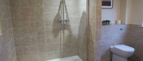 A modern bathroom with a glass-enclosed shower, a toilet, and a small shelf with toiletries.