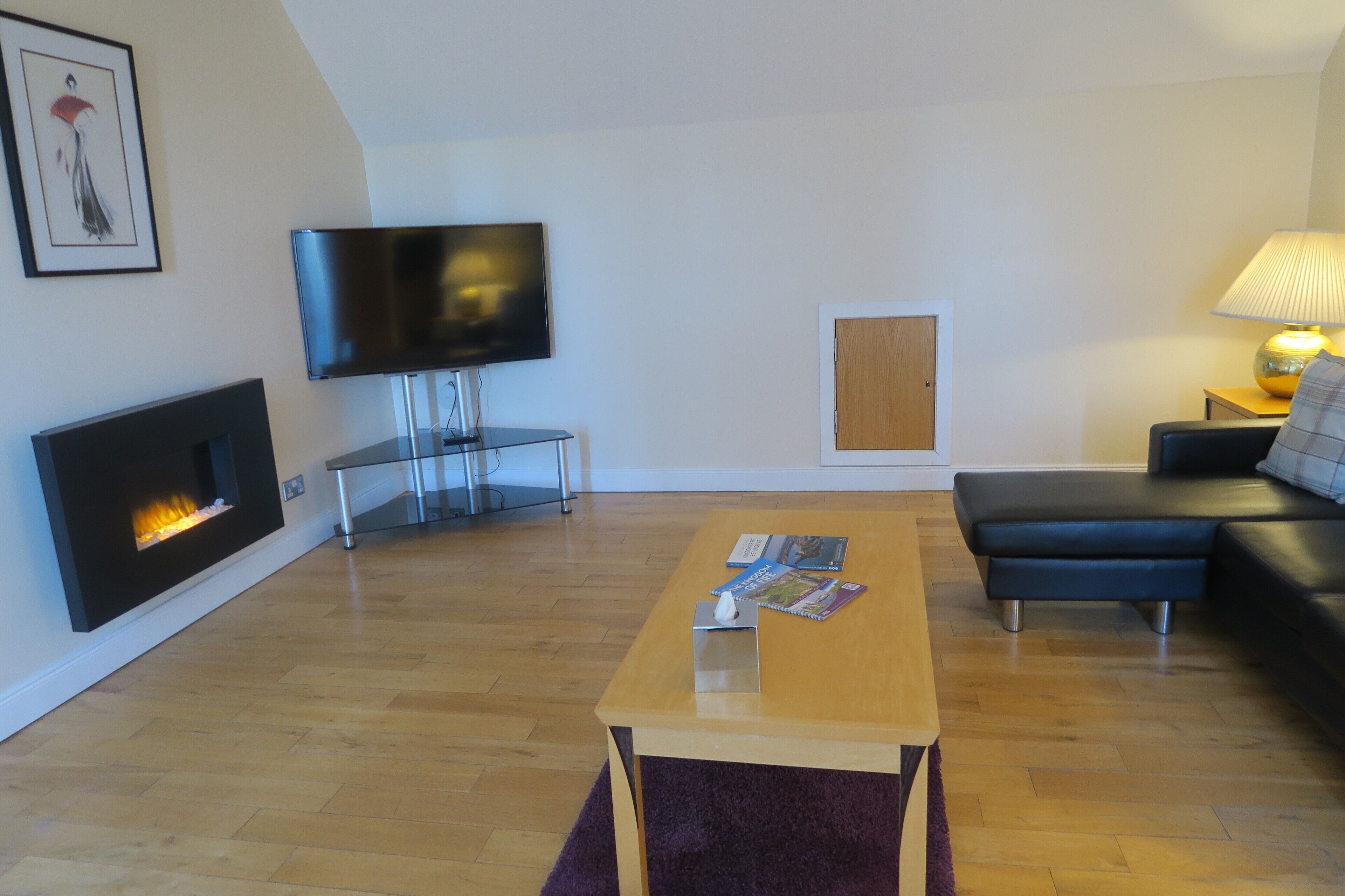 Una sala de estar moderna con chimenea, televisor de pantalla plana, sofá y una mesa de centro.