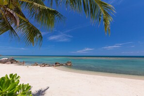 Private beach, sun loungers, beach towels, beach bar