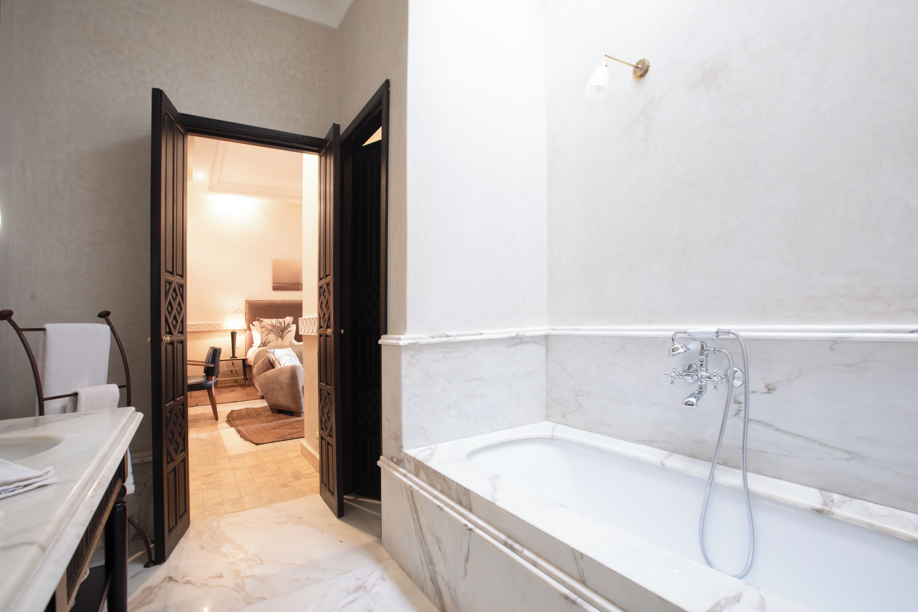 separate bathtub and shower, free toiletries, hair dryer, bathrobes