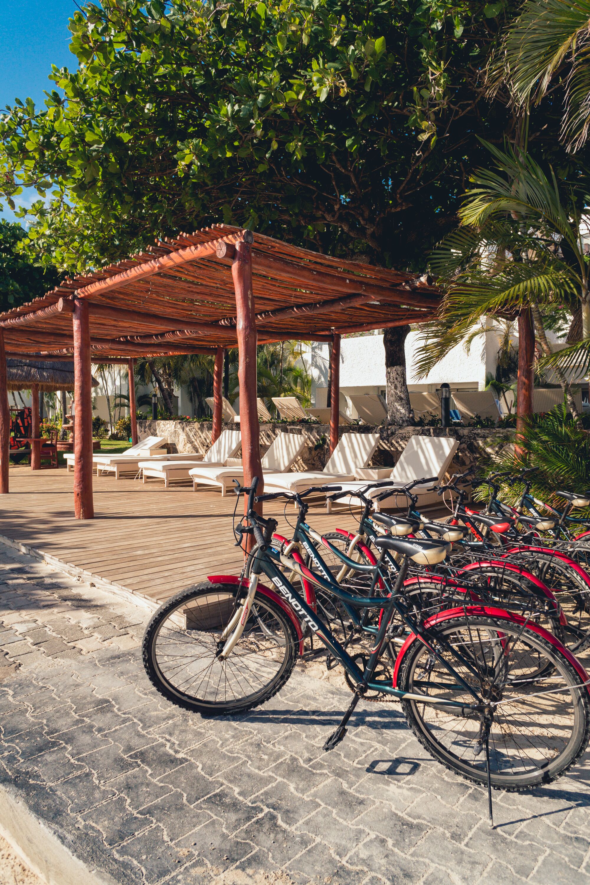 A covered outdoor seating area with lounge chairs and a bicycle rack.