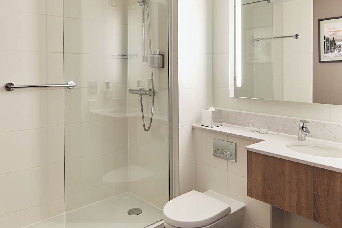 eco-friendly toiletries, hair dryer, towels