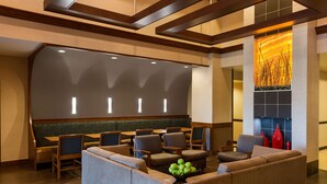 A lobby with seating areas, a fireplace, and a decorative wall. - Hyatt Place Baltimore/Owings Mills (Owings Mills)