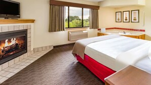 Une chambre d’hôtel avec une cheminée, un lit, une télévision, une fenêtre avec des rideaux et une salle de bain avec une baignoire.
