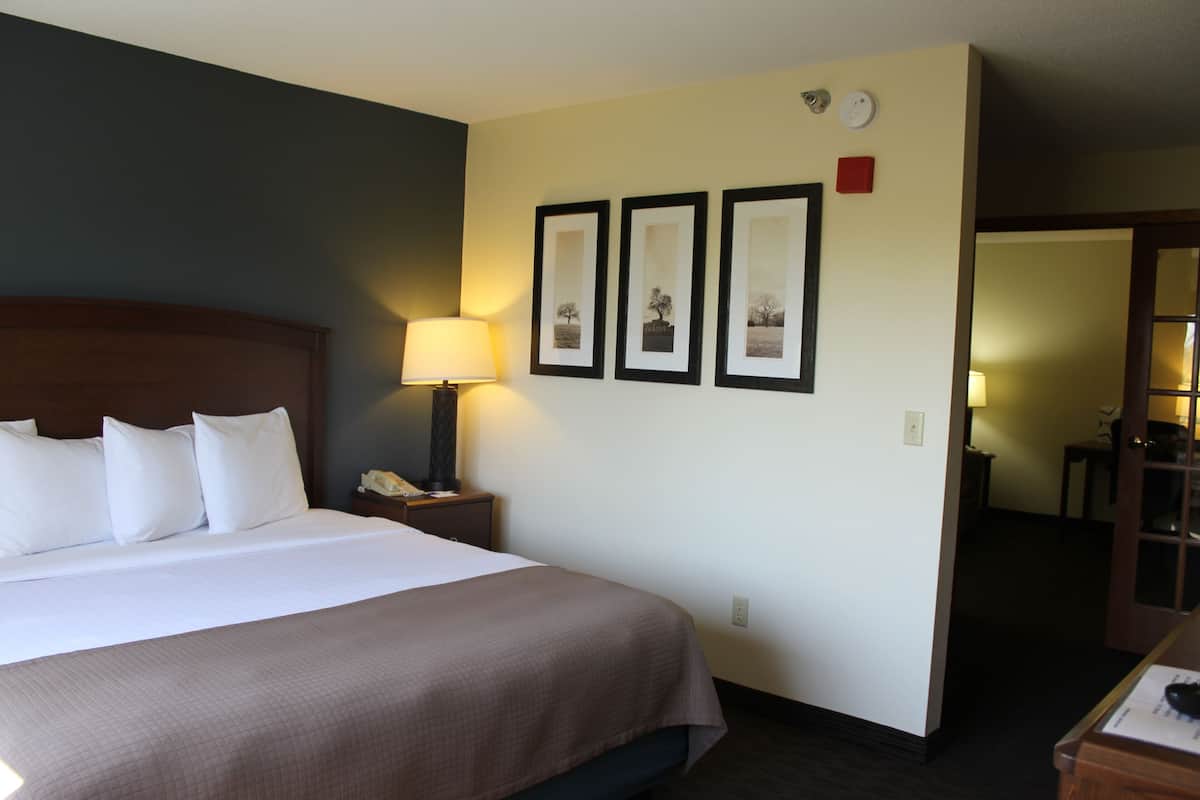 A hotel room with a large bed, a bedside table with a lamp, and three framed pictures on the wall.