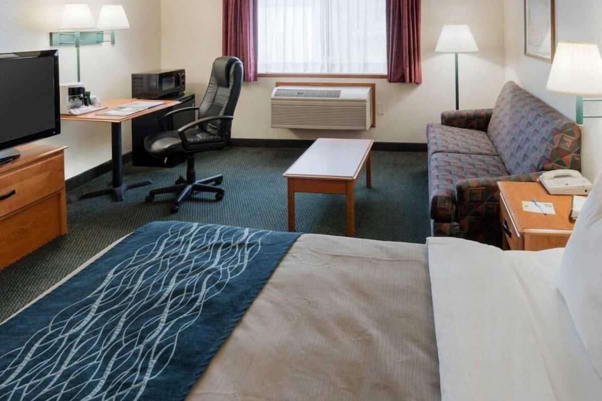 A hotel room with a bed, desk, chair, television, air conditioning unit, and a sofa.
