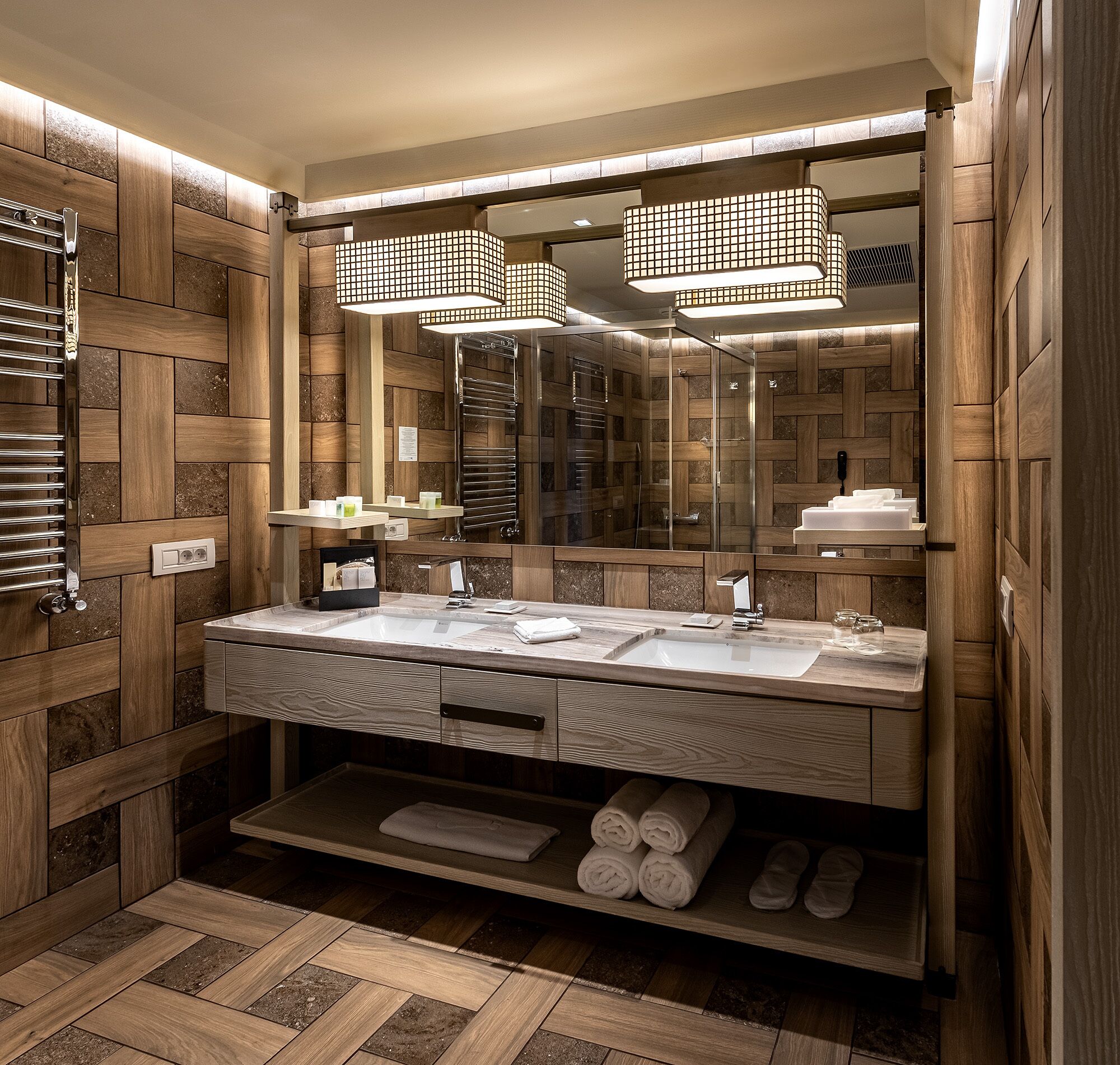 king suite | bathroom | shower, hair dryer, bathrobes, slippers