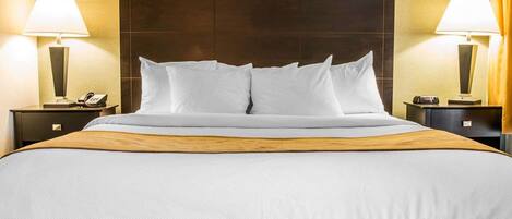 Habitación de hotel con una cama grande, dos mesitas de noche, un cabecero y una obra de arte enmarcada en la pared.