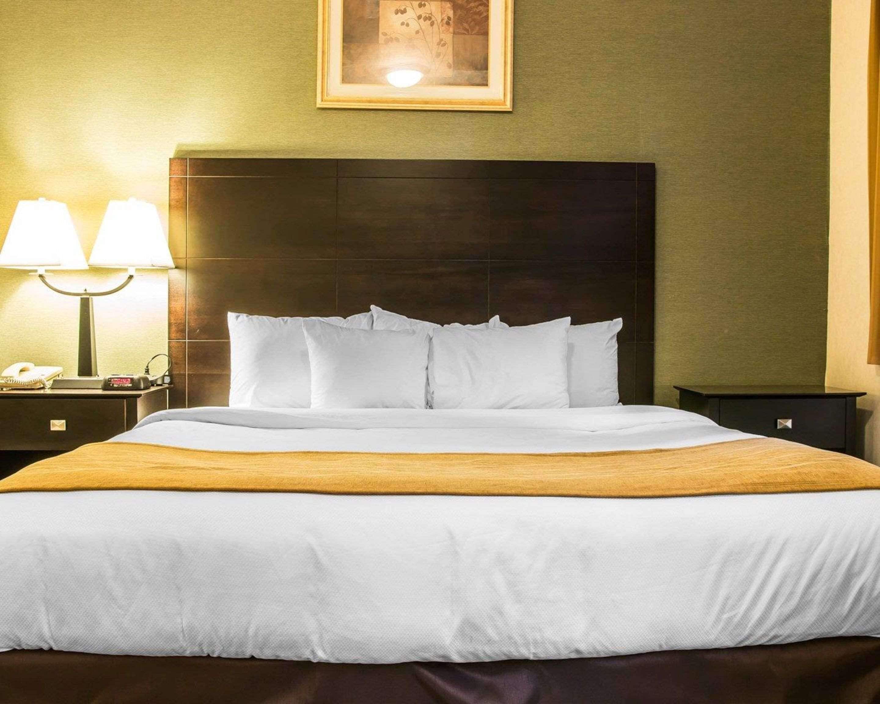 Habitación de hotel con una cama grande, cabecera oscura, un cuadro enmarcado en la pared y una mesita de noche con lámpara y teléfono.