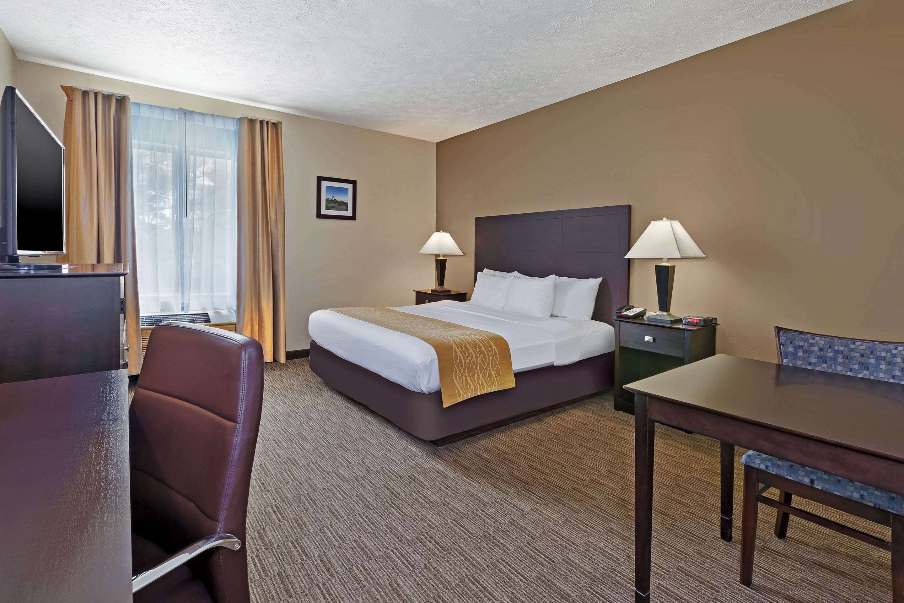 A hotel room with a bed, a desk, a chair, a TV, and a lamp.