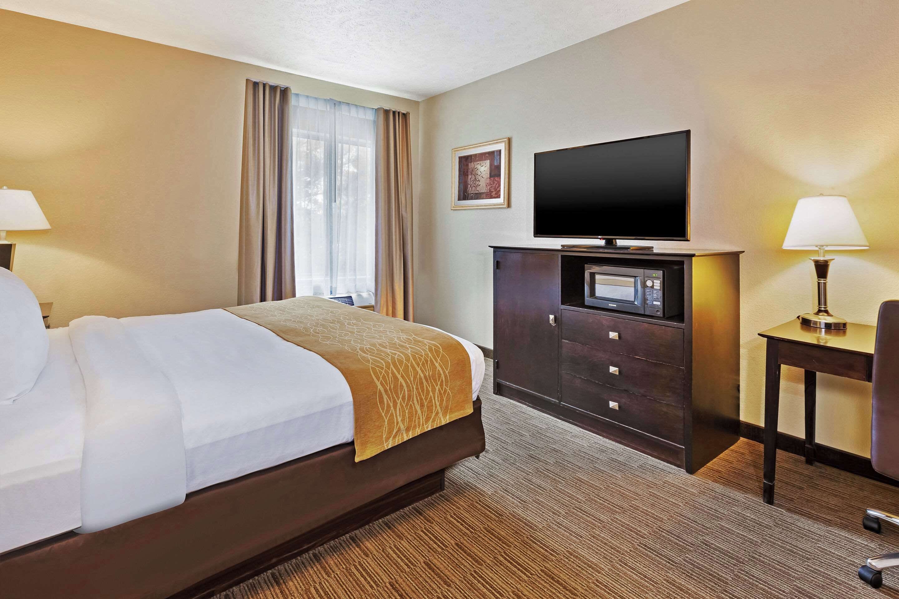 A hotel room with a bed, a flat-screen TV, a desk with a lamp, and a dresser.