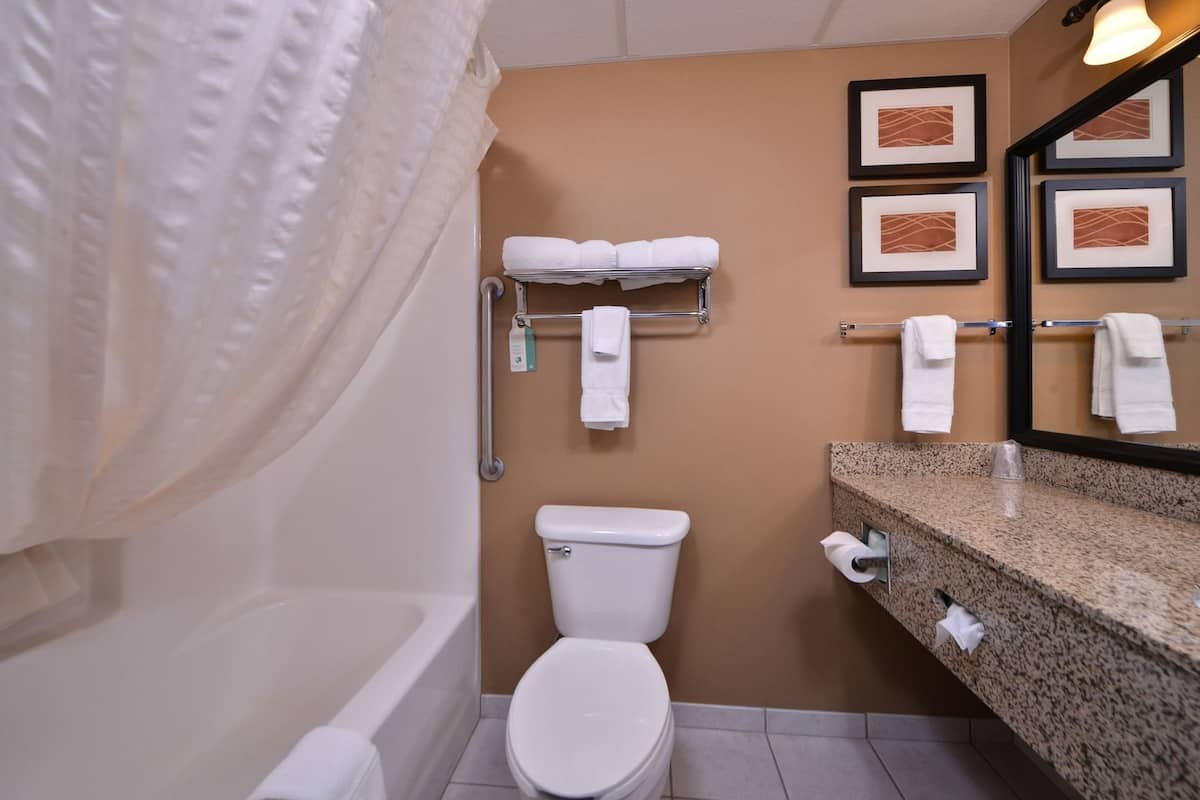 Ein Badezimmer mit Toilette, einem Waschbecken mit Granitplatte, einem Handtuchhalter mit Handtüchern und gerahmten Kunstwerken an der Wand.