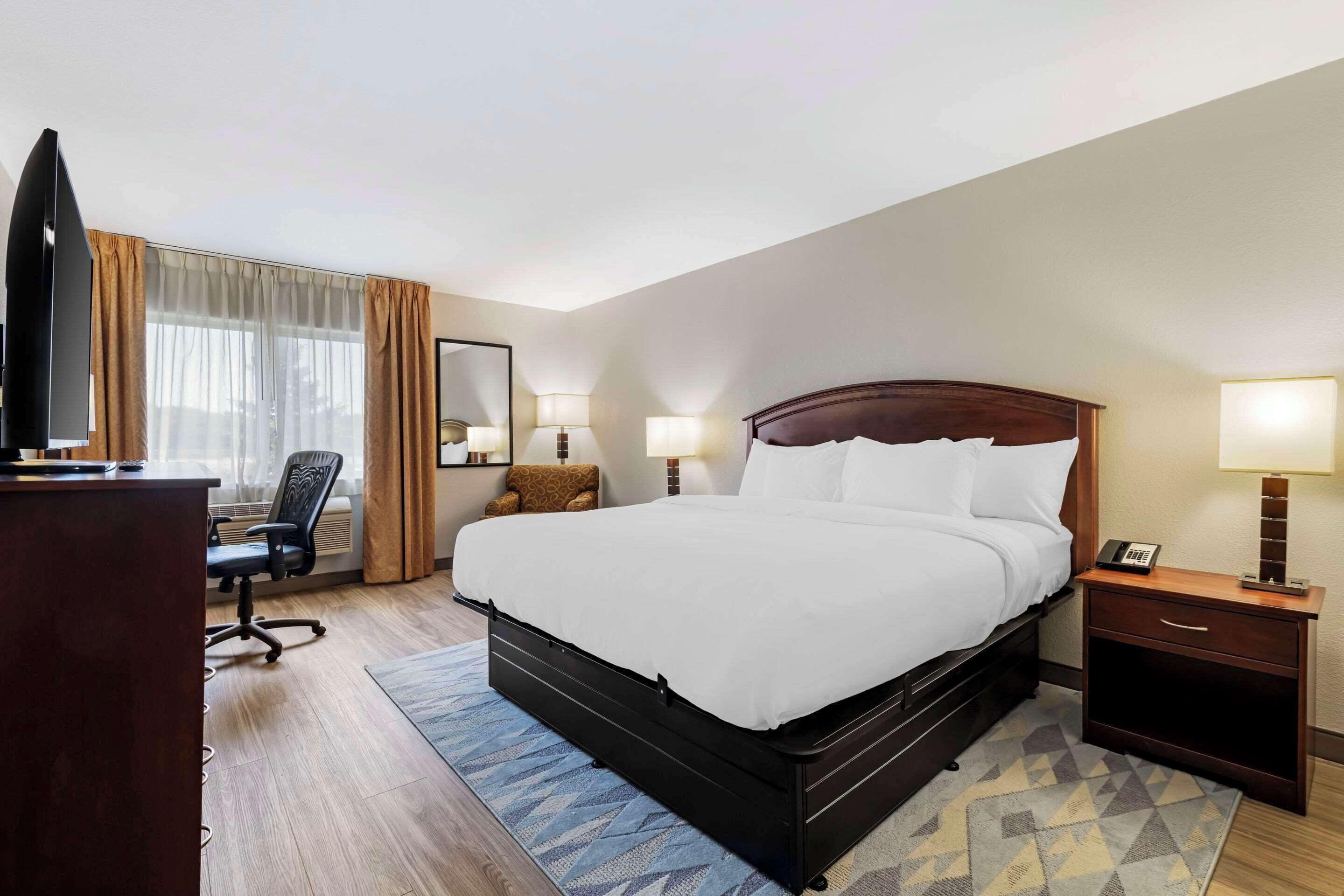 A hotel room with a large bed, a desk, a chair, and a TV.