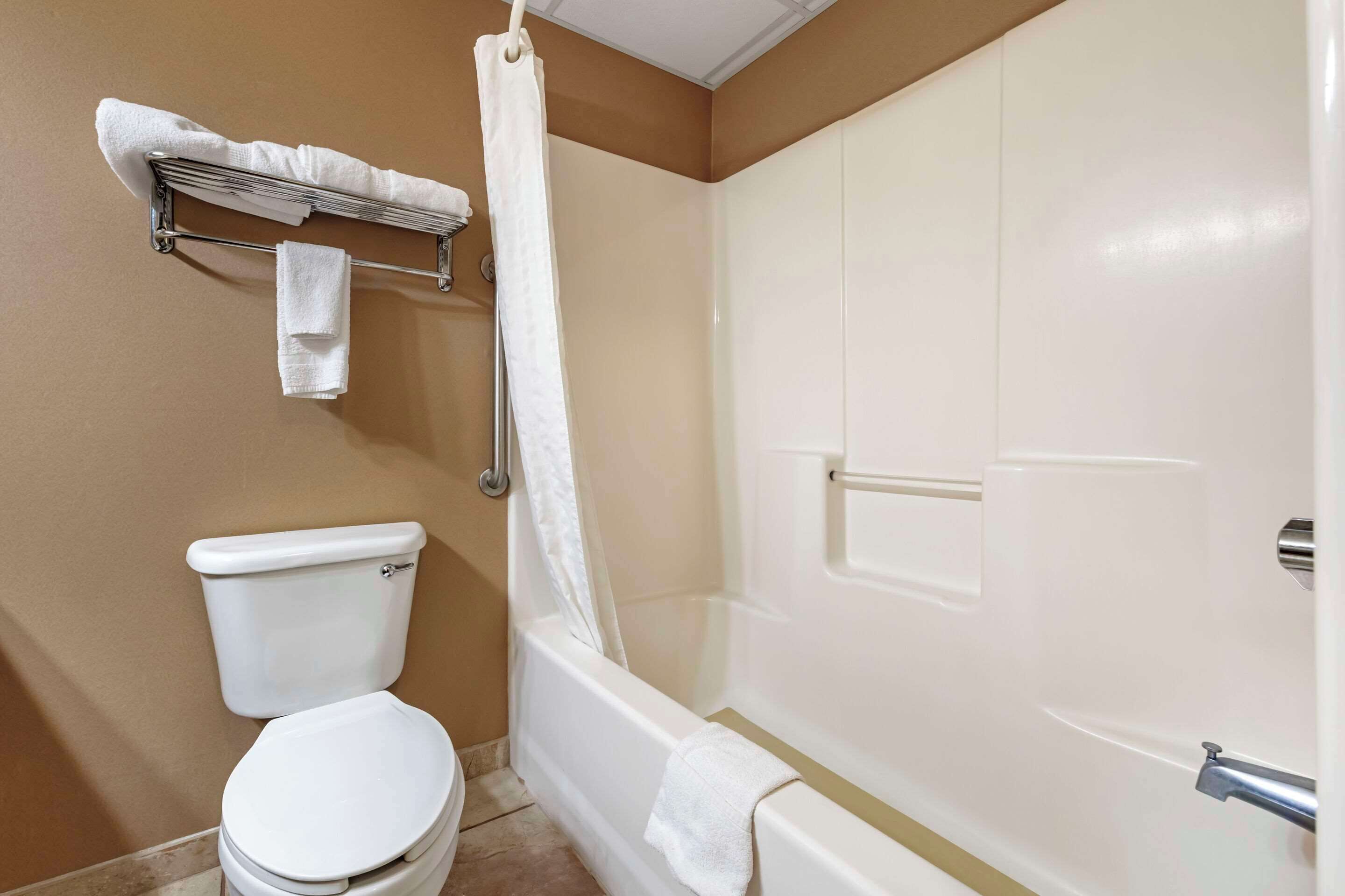 A bathroom with a toilet, a bathtub, and a shower curtain.