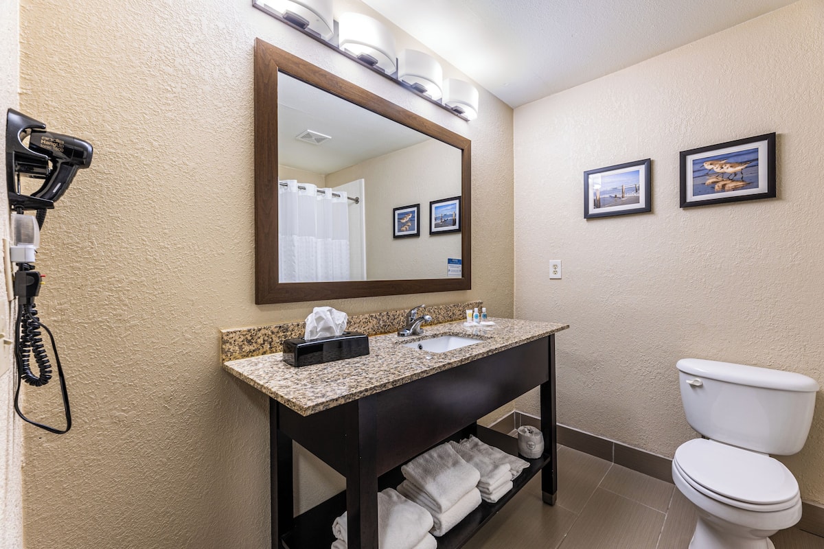 combined shower/bathtub, free toiletries, hair dryer, towels