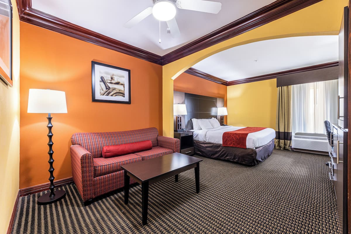 Una habitación de hotel con sofá, cama, escritorio y ventilador de techo.