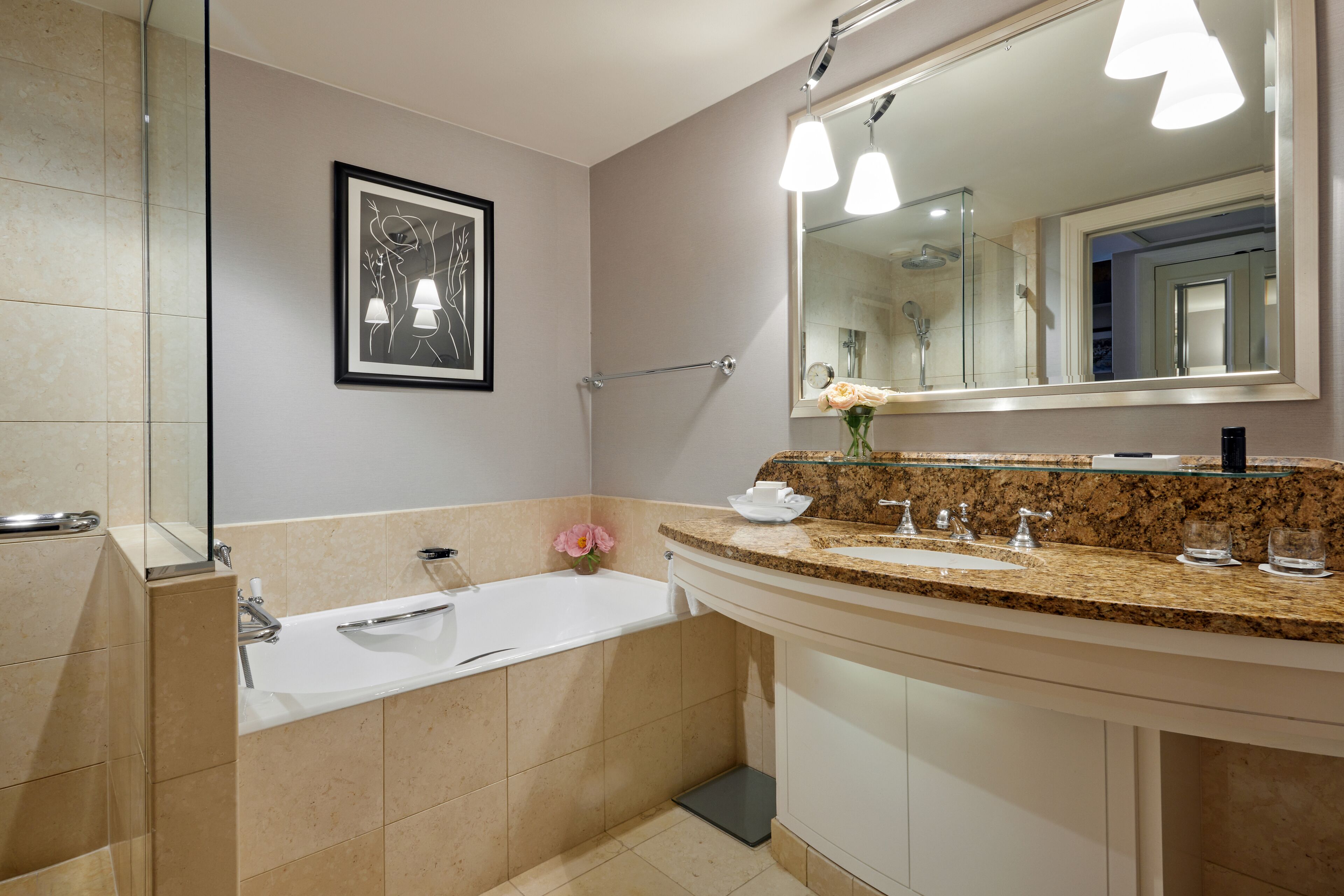 separate bathtub and shower, designer toiletries, hair dryer, bathrobes