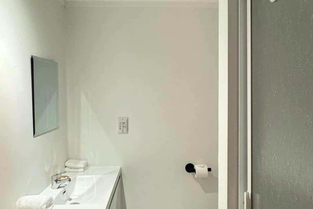 A bathroom with a white sink, a mirror, and a toilet paper holder on the wall.