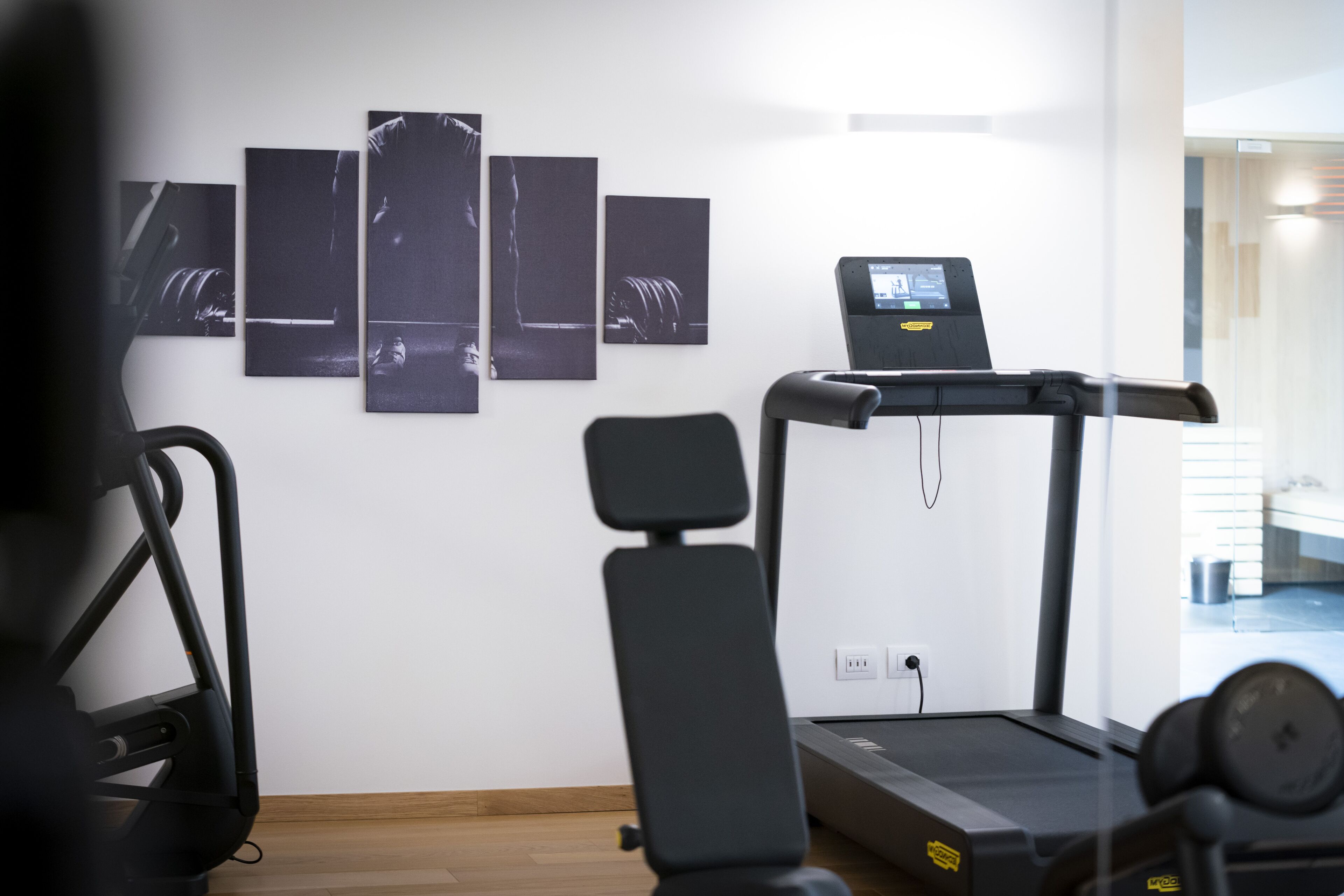 A modern gym with a treadmill, exercise bike, and wall-mounted artwork.