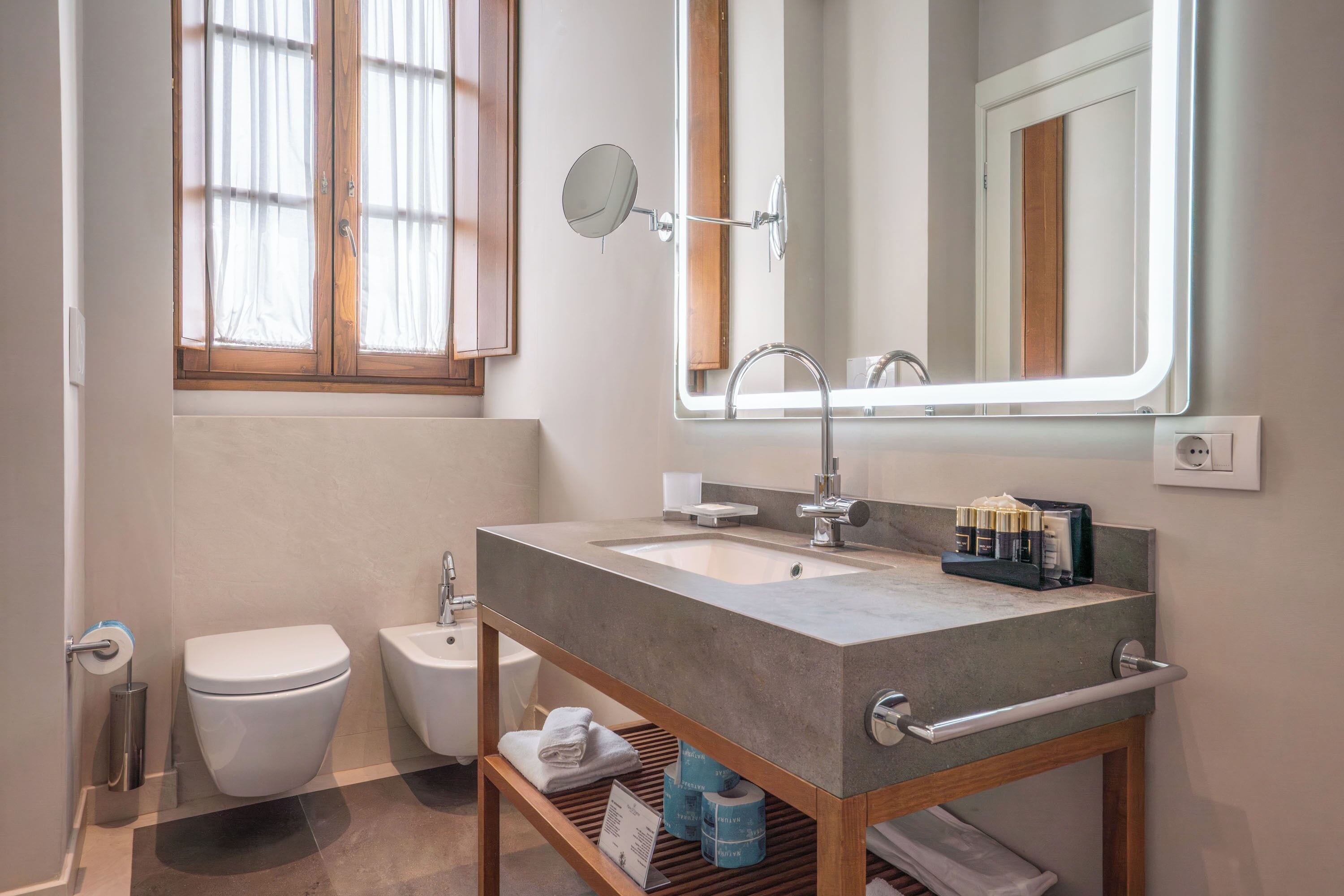 A modern bathroom with a large sink, a mirror, a toilet, and a bidet.