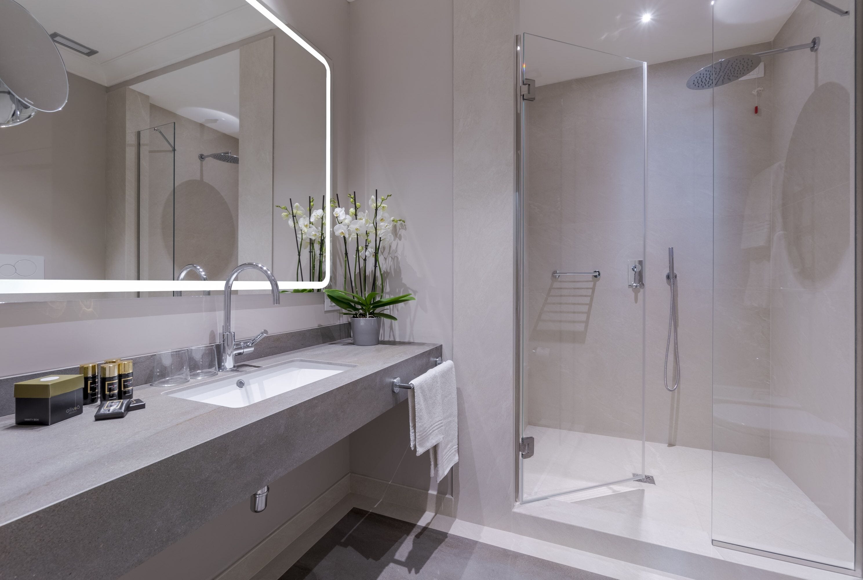 A modern bathroom with a large mirror, two sinks, a glass shower enclosure, and a potted orchid.
