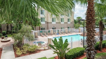 Outdoor pool, pool umbrellas, pool loungers