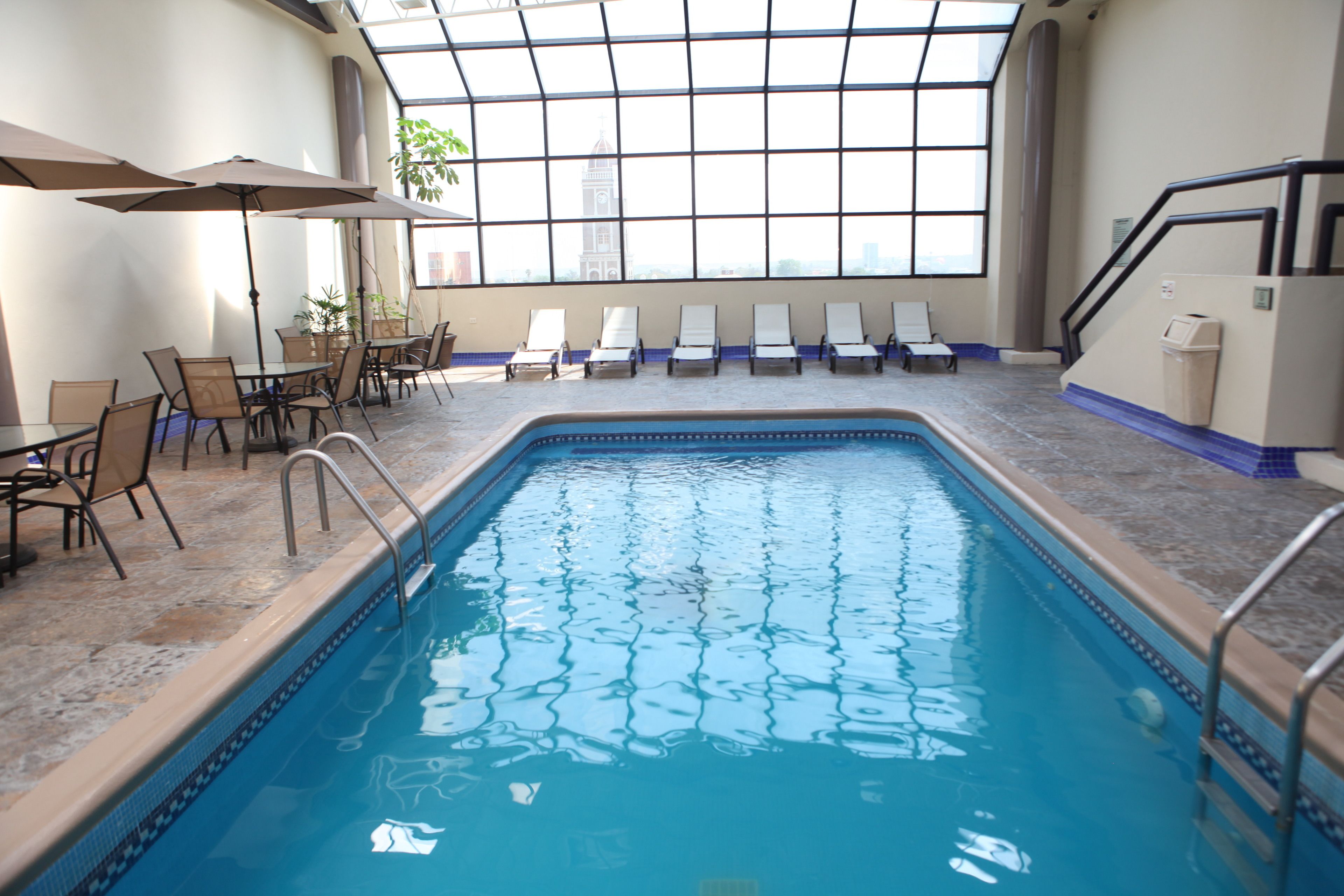indoor pool, pool loungers