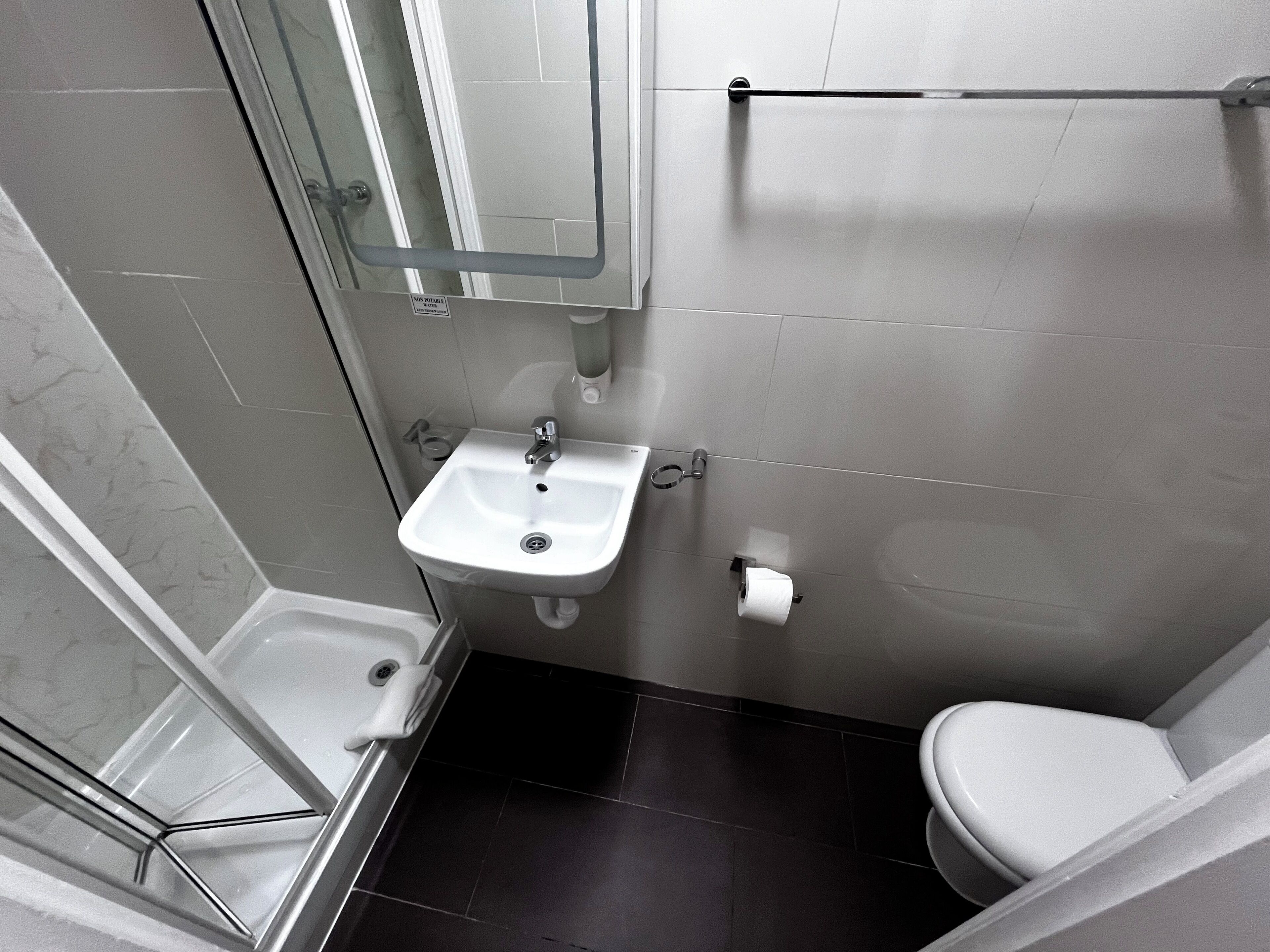 Ein Badezimmer mit Waschbecken, Toilette und Duschbereich.