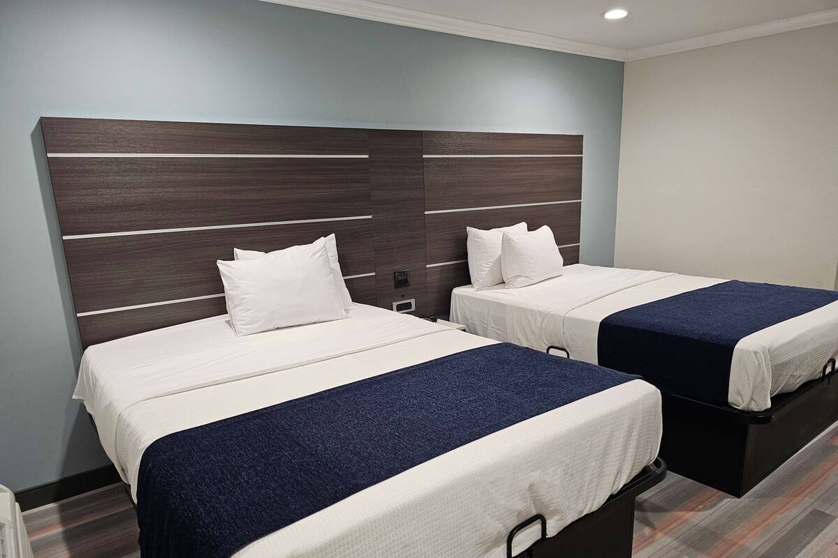 Habitación de hotel con dos camas, cada una con colchón blanco y manta azul. Los cabeceros son de madera oscura con líneas horizontales.