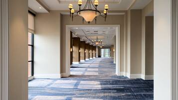 A long, narrow hallway with a patterned carpet, a series of columns, and a large chandelier.