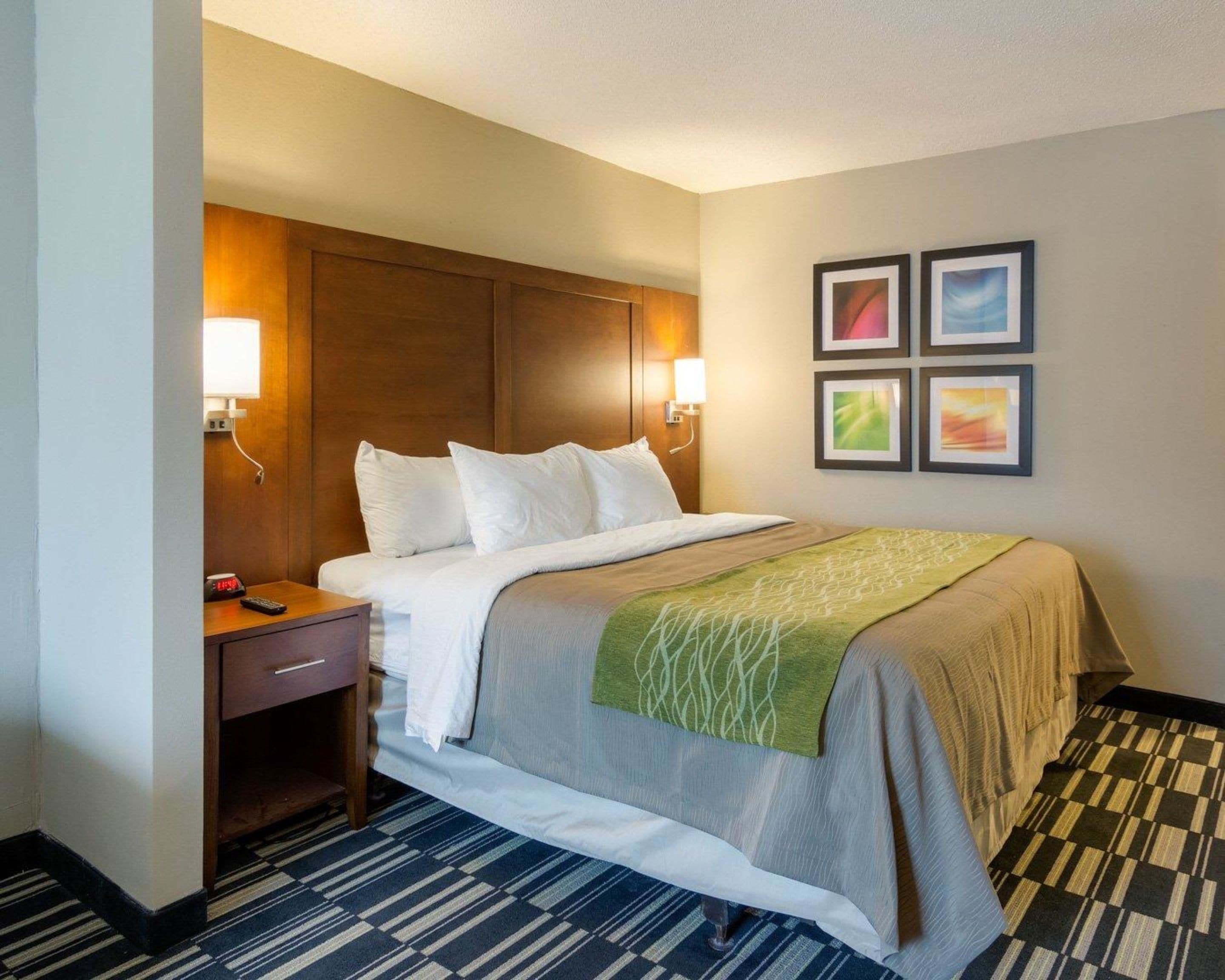 Habitación de hotel con una cama grande, una mesita de noche, una lámpara y cuadros en la pared.