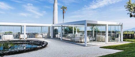 A modern outdoor dining area with glass walls, a palm tree, and a small pond.