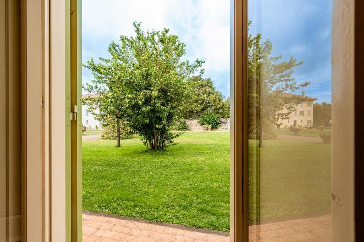 Vista a través de una puerta, con un césped verde y un árbol al fondo.