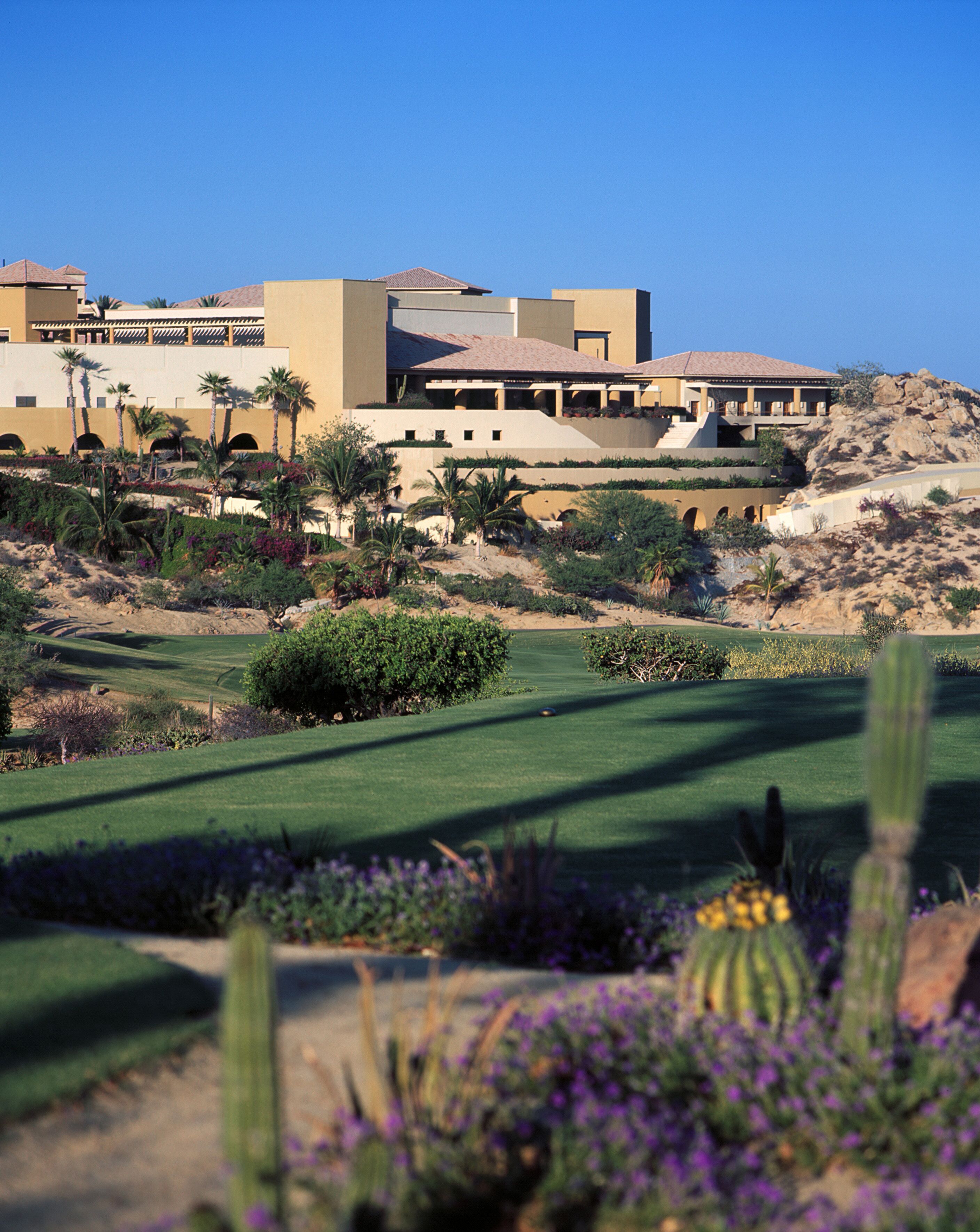 Paisaje desértico con un campo de golf, cactus y un edificio grande de varios niveles y techo plano.
