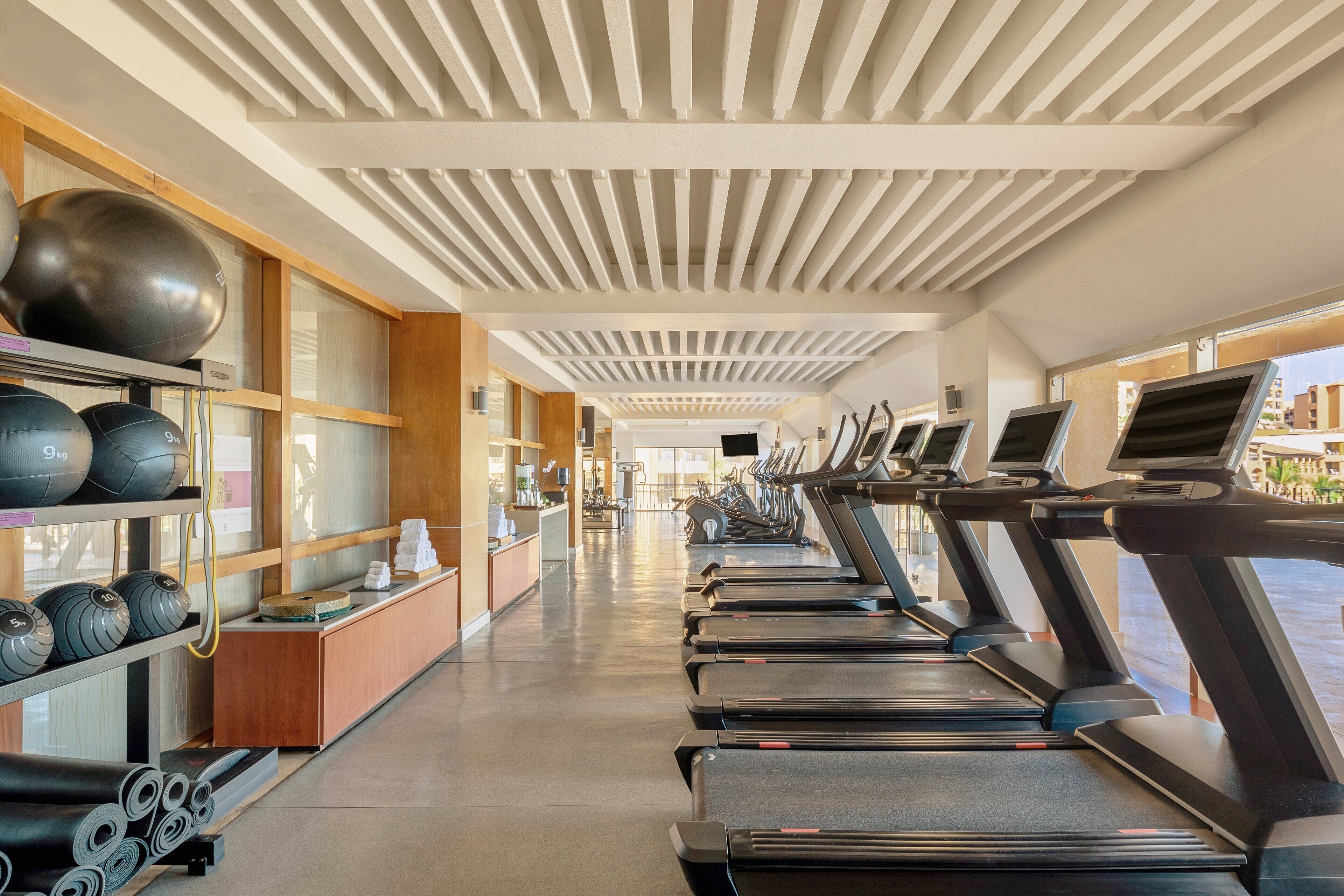 Une salle de sport équipée de tapis de course, de ballons d’exercice et de poids.