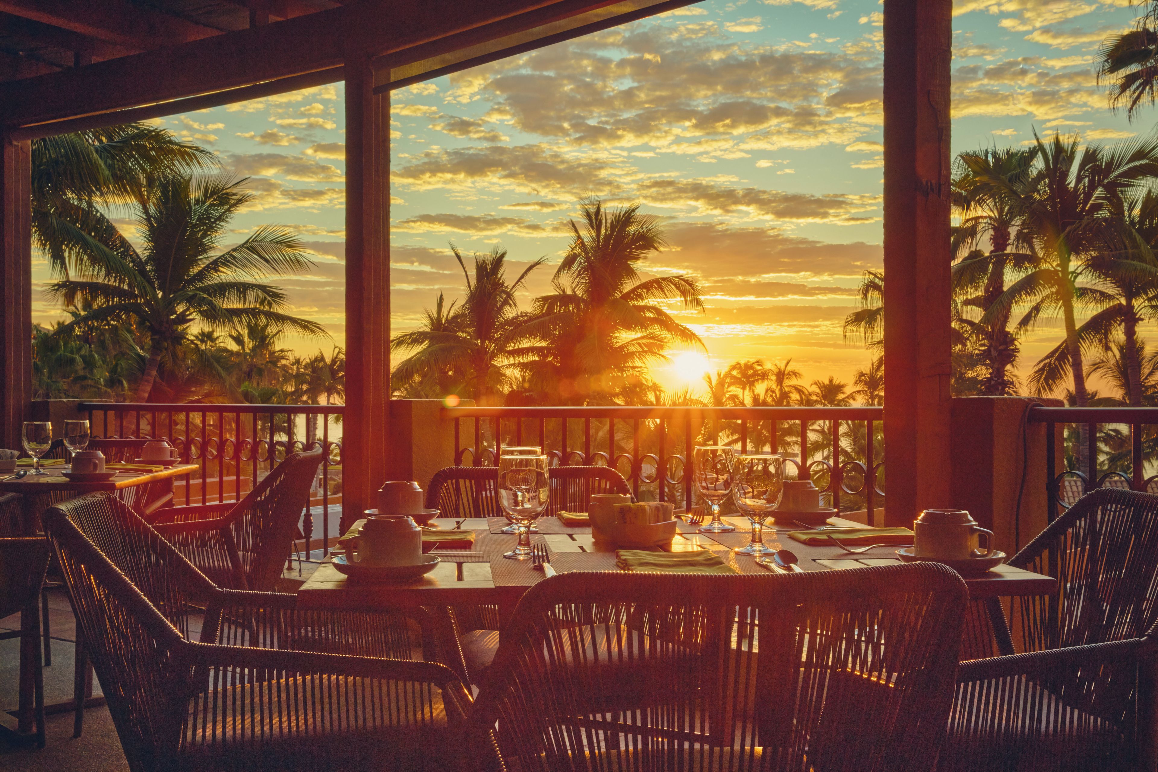 An outdoor dining area with tables and chairs, overlooking palm trees and a sunset.