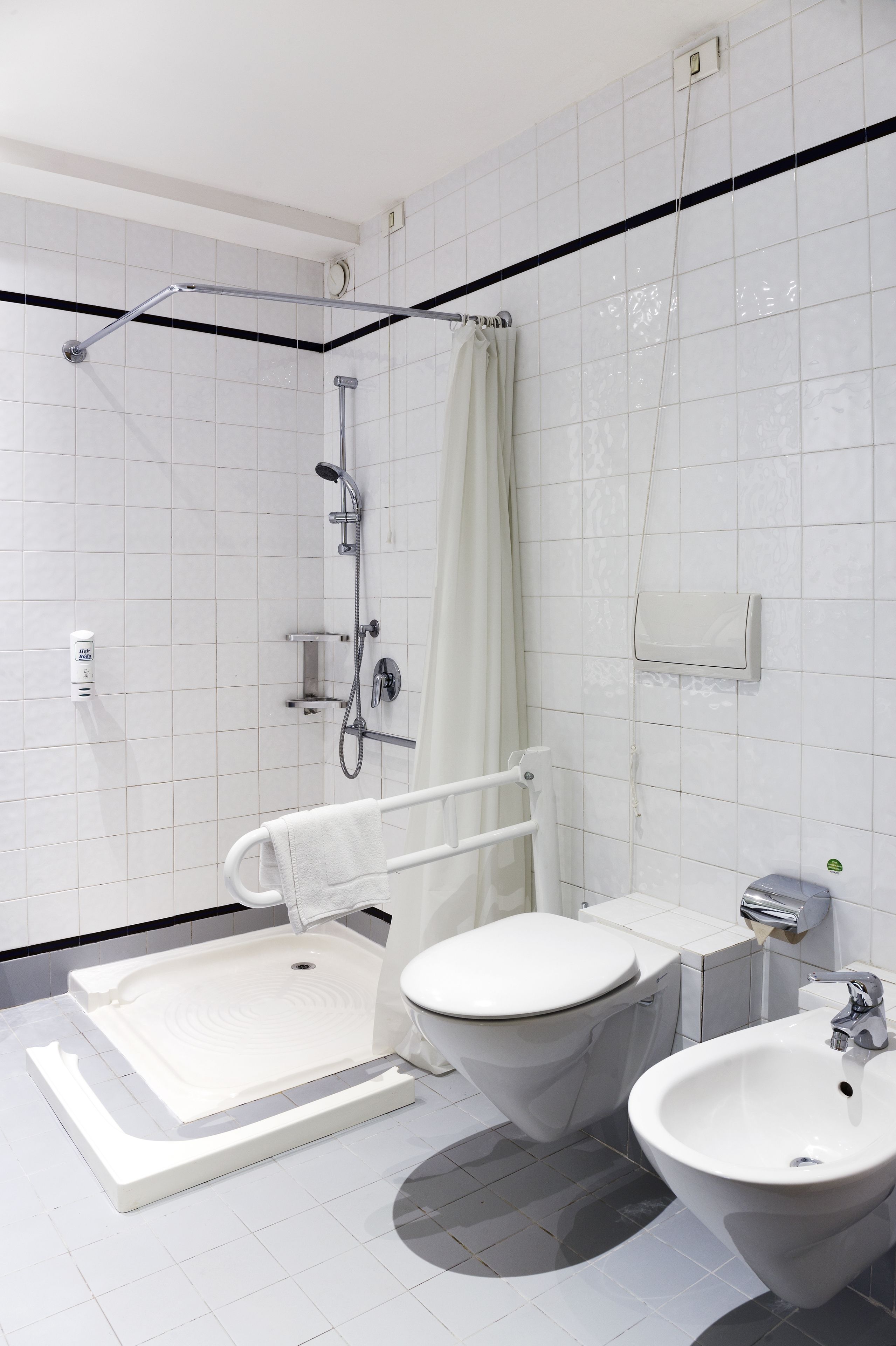 A modern bathroom with a walk-in shower, a toilet, and a bidet.