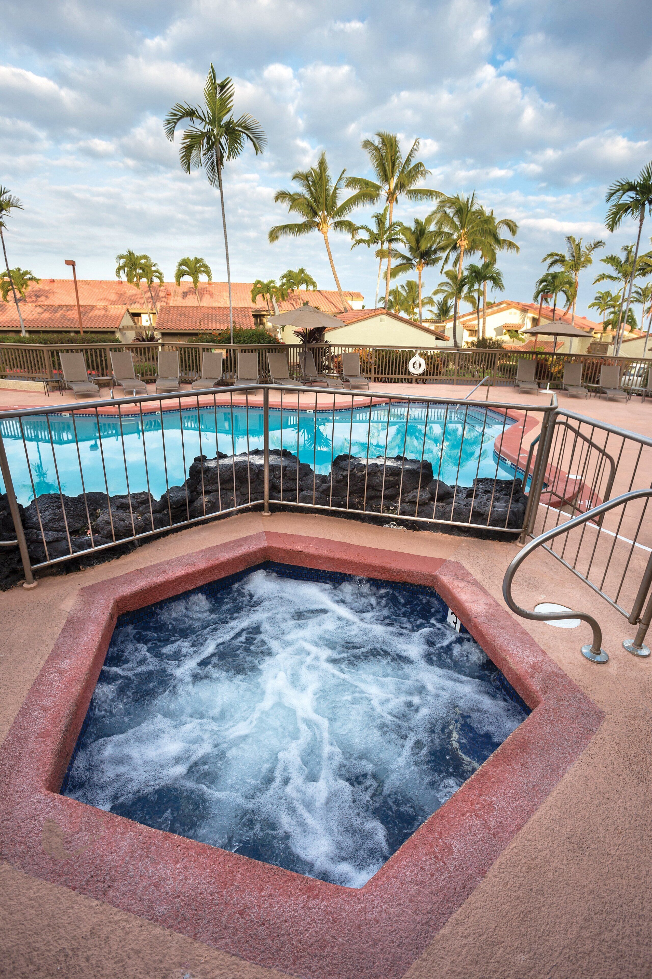 Un espace avec un jacuzzi et une piscine, entouré de palmiers et de chaises longues.