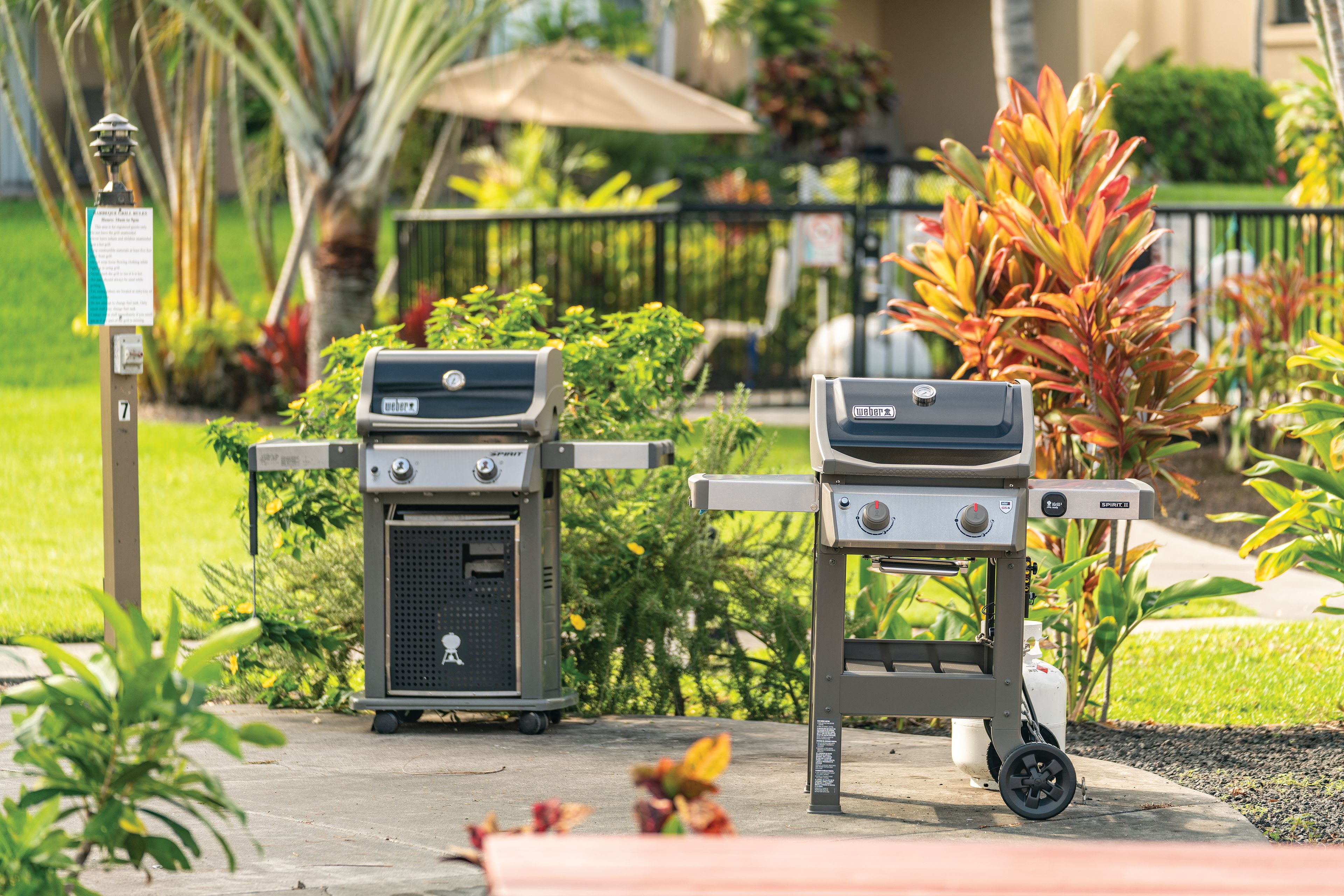 Two portable grills in an outdoor setting with greenery and a fence in the background.