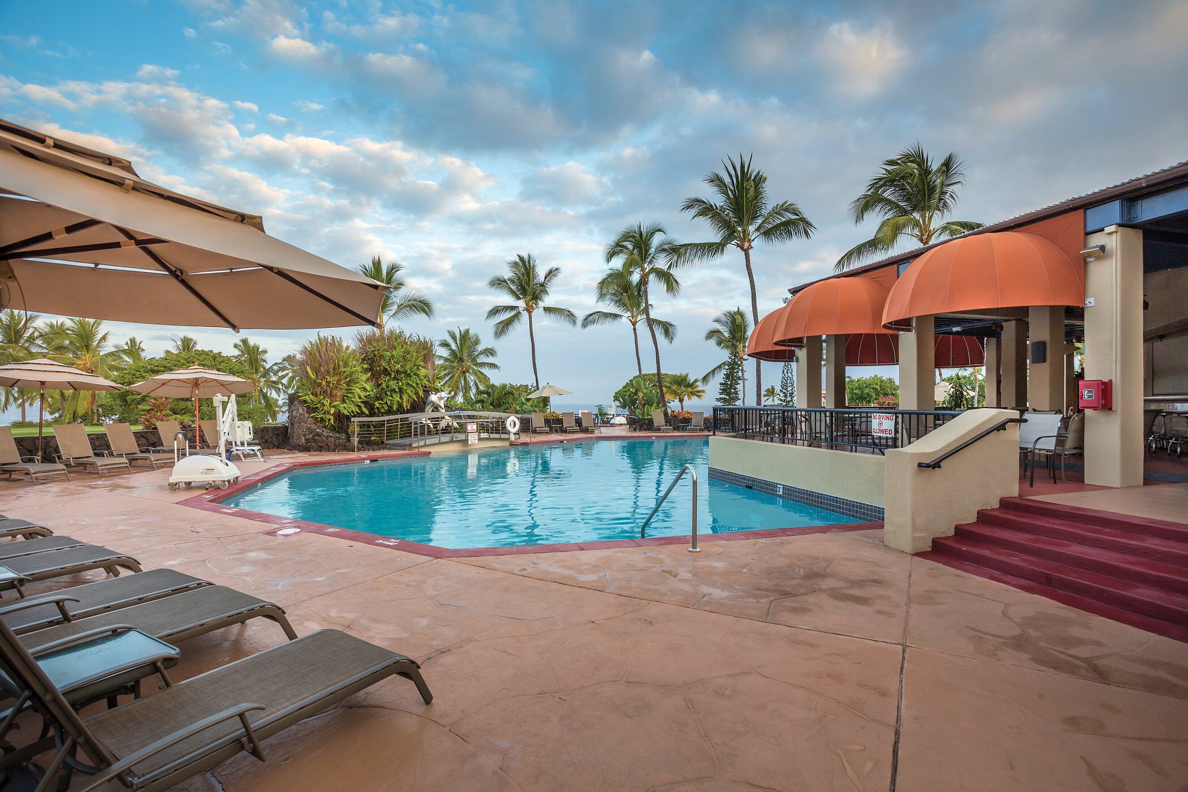 A swimming pool with lounge chairs and umbrellas, surrounded by palm trees and a building with a red roof.