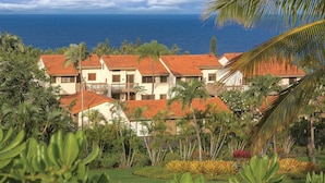 A beachfront hotel with multiple buildings, palm trees, and a view of the ocean.